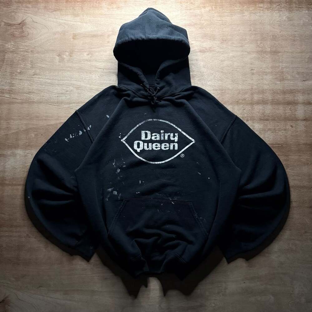 Dairy Queen Distressed Paint Splatter Black Hoodie Large Grunge Workwear